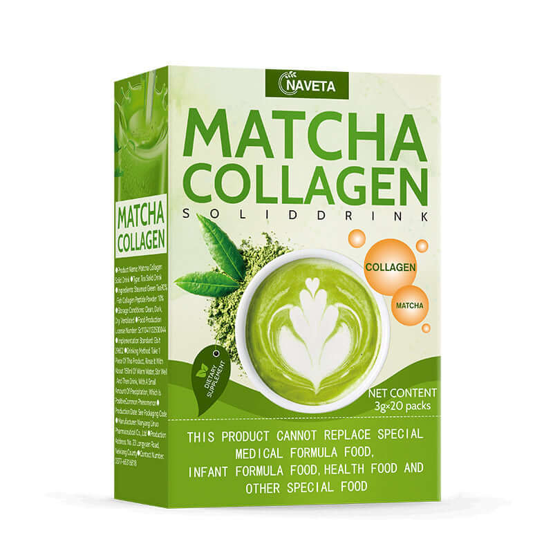 Glutathione Collagen Matcha Powder packaging featuring green design and logo, 60g net content, suitable for adults.