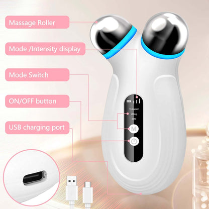 Microcurrent facial device features massage roller, mode display, USB charging port, and ON/OFF button for anti-aging treatments.