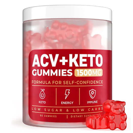 ACV Keto Gummies jar with red soft candies for energy, low sugar, and dietary support, 60 gummies included.