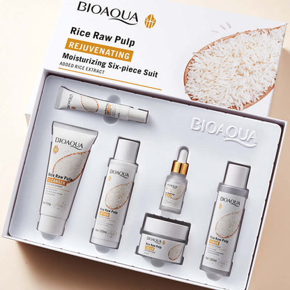 BIOAQUA Rice Raw Pulp rejuvenating six-piece skincare set with cleanser, essence, eye cream, and more.