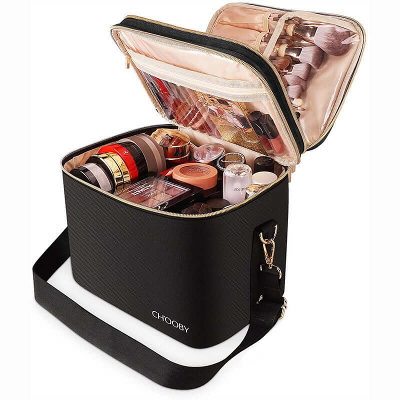 Waterproof black cosmetic storage bag with makeup neatly organized inside, featuring a transparent zippered compartment.