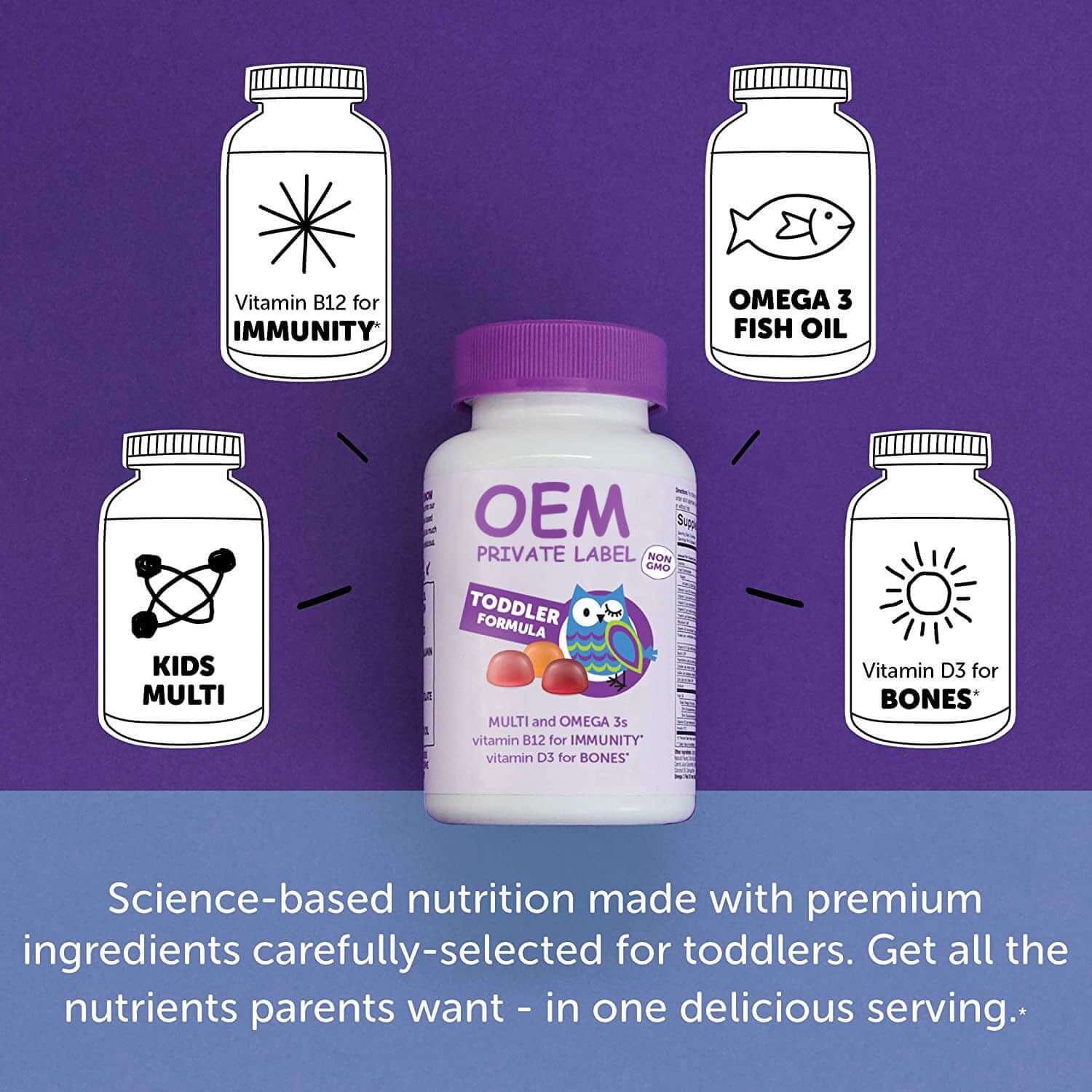 OEM Toddler Formula bottle with vitamin B12, Omega 3, and kids multi ingredients for toddler nutrition.