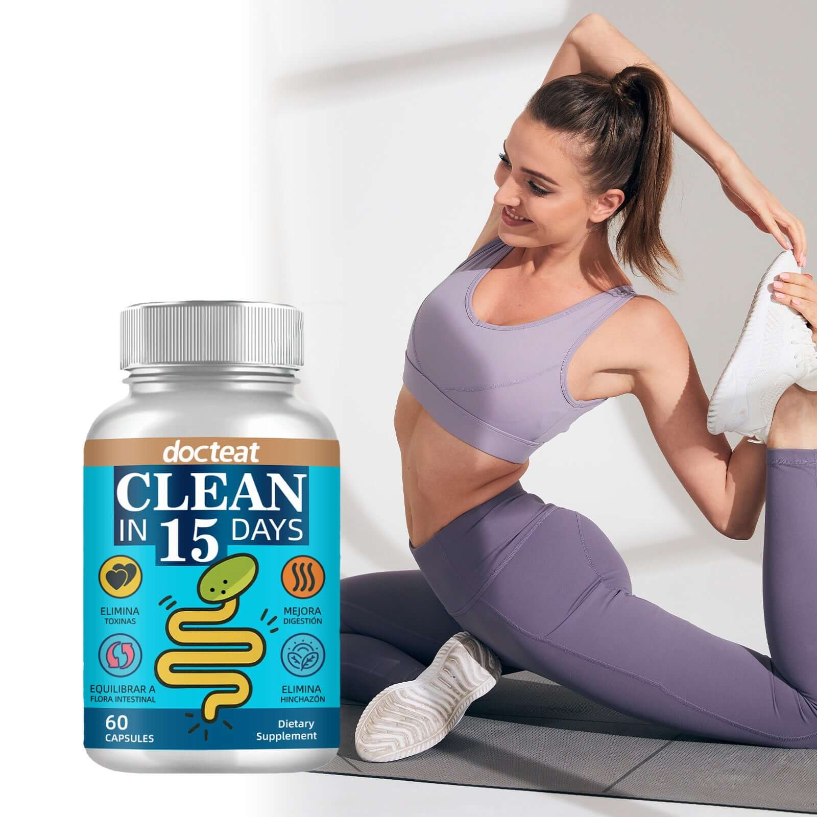 Dietary supplement product image featuring CLEAN in 15 DAYS intestinal cleaning capsules with a fit woman practicing yoga.