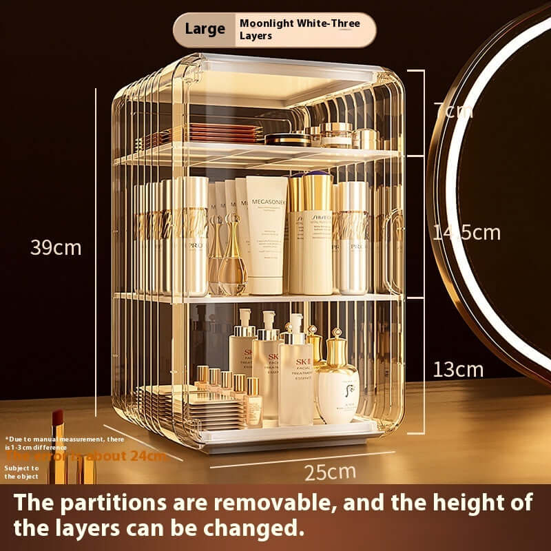 Large Moonlight White cosmetic storage box with three layers, showcasing various skincare products and removable partitions.