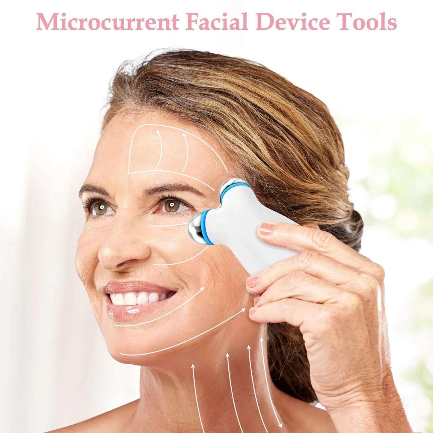Woman using a microcurrent facial device for anti-aging skin care, showcasing its application on her face.
