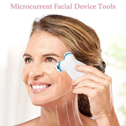 Woman using a microcurrent facial device for anti-aging skin care, showcasing its application on her face.