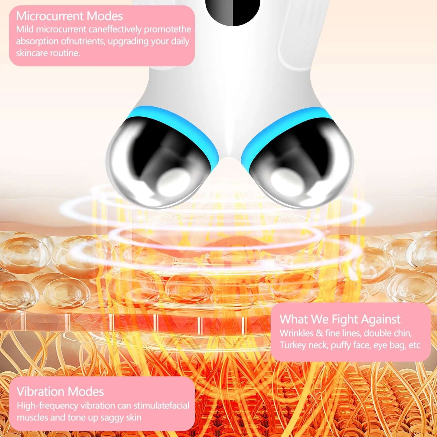 Microcurrent facial device showcasing its benefits, promoting skin absorption and targeting wrinkles and sagging skin.