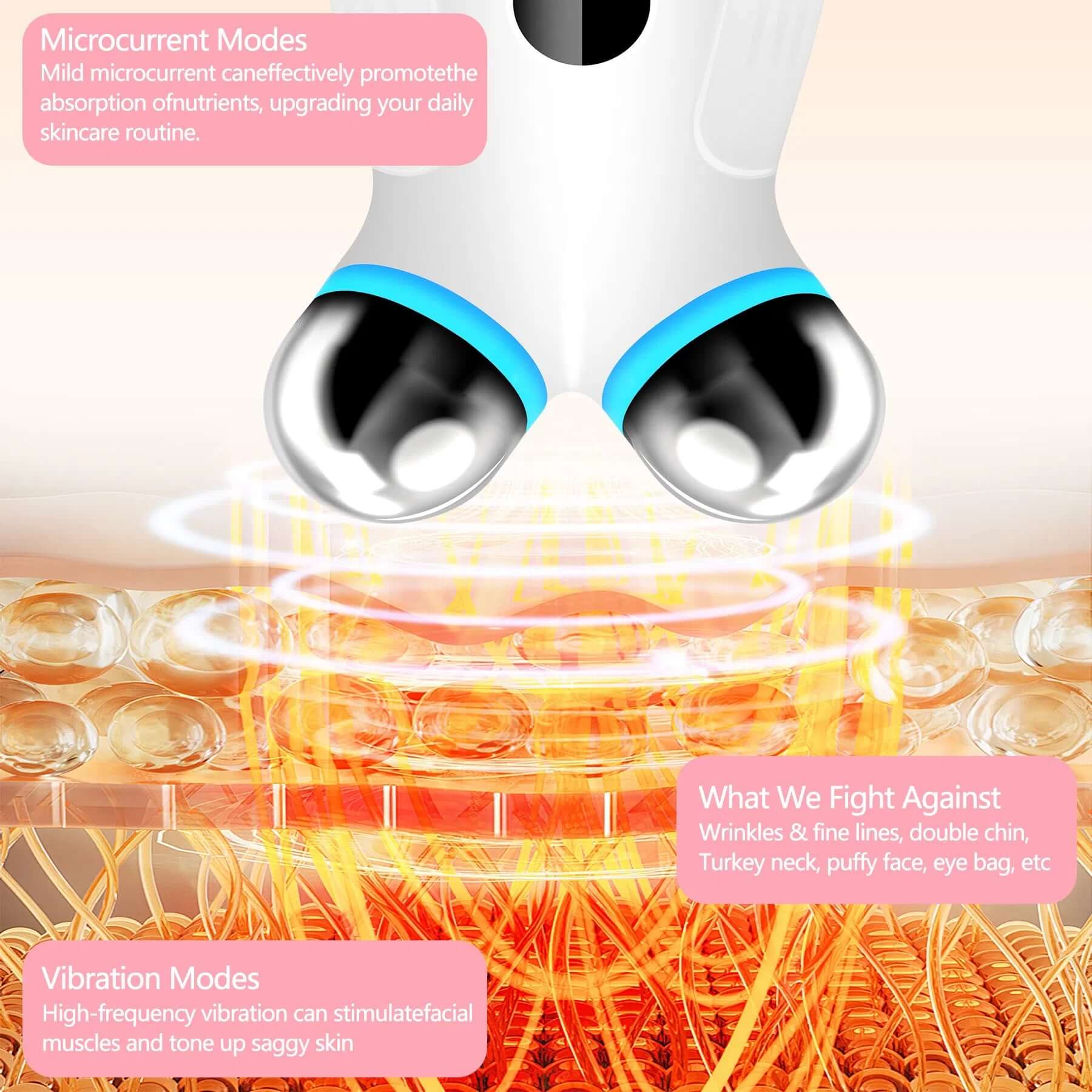 Microcurrent facial device showcasing its benefits, promoting skin absorption and targeting wrinkles and sagging skin.