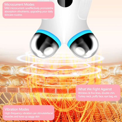 Microcurrent facial device showcasing its benefits, promoting skin absorption and targeting wrinkles and sagging skin.