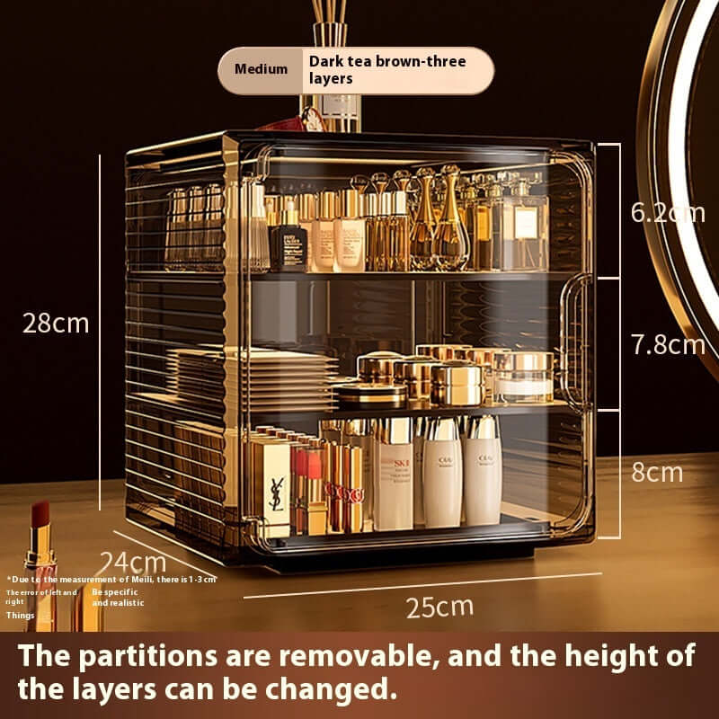 Three-layer dark tea brown cosmetic storage box with removable partitions for skin care products.