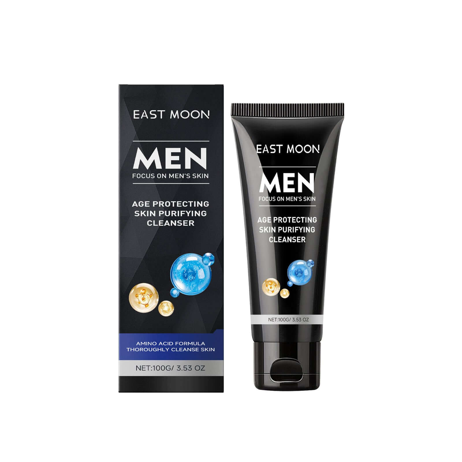 Men's age protecting skin purifying cleanser by East Moon, 110g tube with amino acid formula for thorough cleansing.