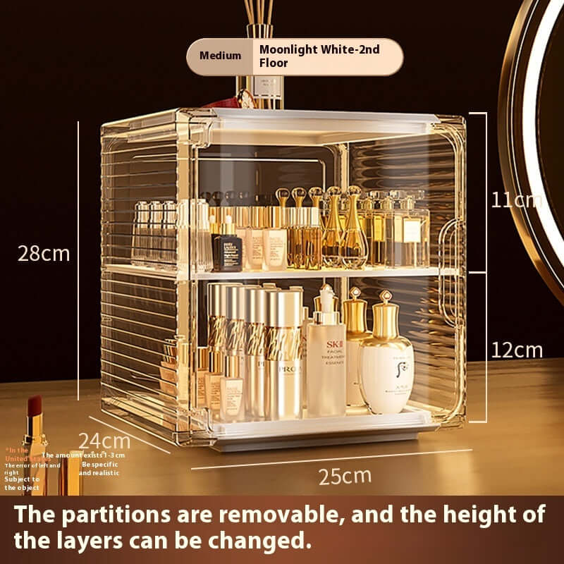 Medium Moonlight White cosmetic storage box displaying beauty products, featuring adjustable layers and removable partitions.
