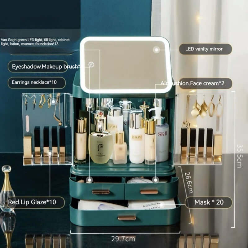 Large capacity cosmetic storage box with LED mirror, showcasing makeup products and accessories in Van Gogh Green.