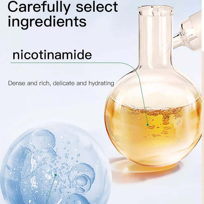 Image showcasing a glass flask with nicotinamide and hydration properties, emphasizing carefully selected ingredients.